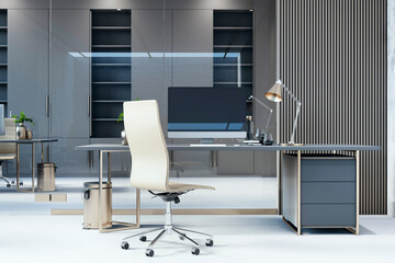 Modern gray office with glass partition, furniture and equipment. 3D Rendering.
