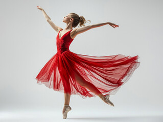 Naklejka premium A woman in a red dress is dancing in the air with her arms outstretched
