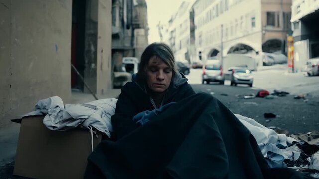 Homeless frozen man sleeping on road outdoor. City street background. Dirty smelly stinky person without fixed abode. Poor hungry guy. Unlucky fate. Lost life on street. Abandoned people.