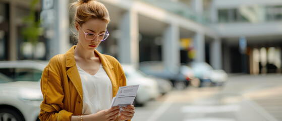 Woman in stylish mustard coat checks her documents with a pensive expression, city street filled with blurred cars and modern architecture in the background.