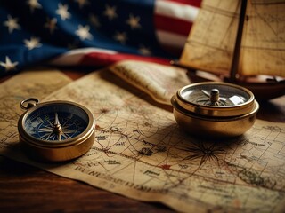 American flag and rope on treasure map on the table for Colombus Day