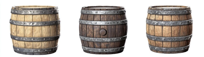 Obraz premium Three Wooden Barrels with Metal Bands