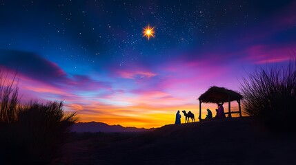 Naklejka premium The star shines above the manger, with three kings and camels standing in silhouette against it