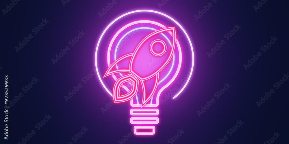Poster creative neon light bulb with rocket or spaceship icon on purple background with mock up place. Startup, new beginnings and ideas concept. 3D Rendering.