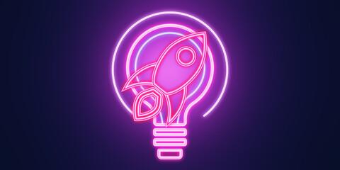 creative neon light bulb with rocket or spaceship icon on purple background with mock up place. Startup, new beginnings and ideas concept. 3D Rendering.