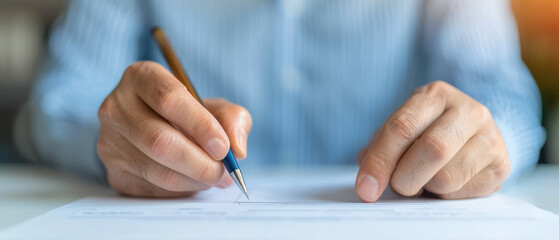 Focused Writing, A close-up of hands poised over a document, grasping a pen, conveying the act of careful consideration and intention in the process of documentation.