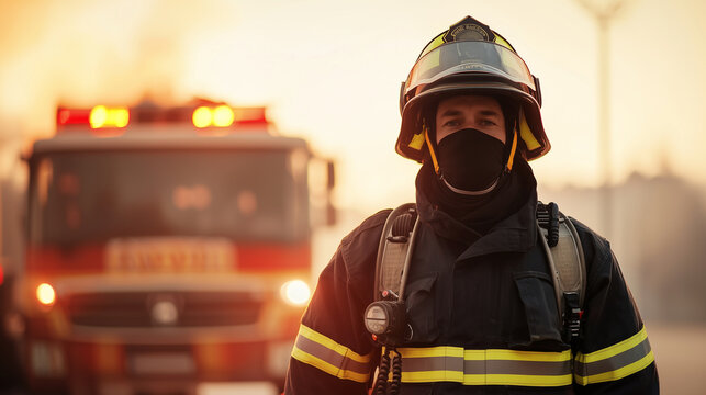 A portrait of a firefighter in full gear, standing proudly with a fire truck in the background, highlighting their dedication and readiness in front of the iconic symbol of emergen