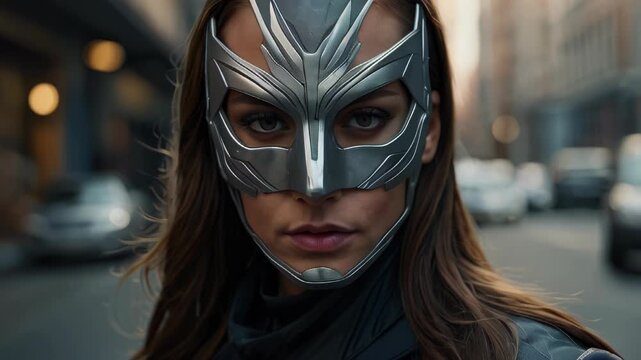 A daring female superhero stands strong in a bustling city street at dusk, ready to confront the challenges of the night