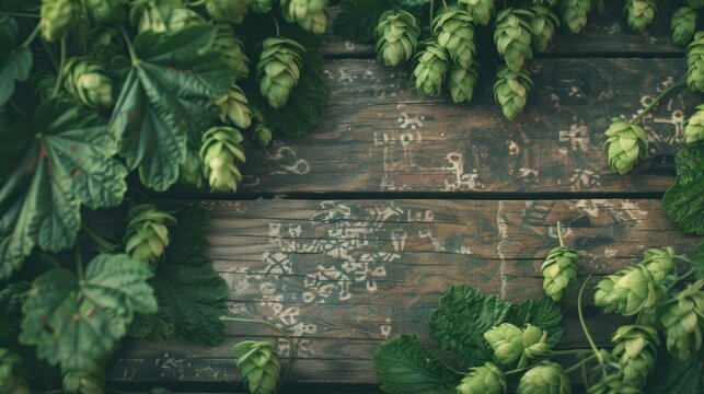 A vibrant display of freshly harvested hops on aged wood, showcasing their rich green color, ready for brewing