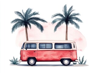 Vibrant and Groovy Retro Watercolor Clipart of a Vintage Peace Van with Palm Trees on a Tropical White Background Capturing the Essence of a Carefree Summer Vacation