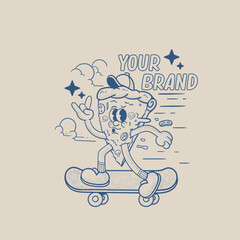 illustration of a cartoon character of a pizza slice skating on a skateboard in vintage style