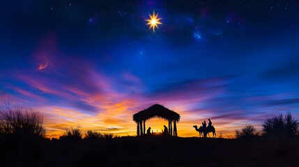 The star shines above the manger, with three kings and camels standing in silhouette against it