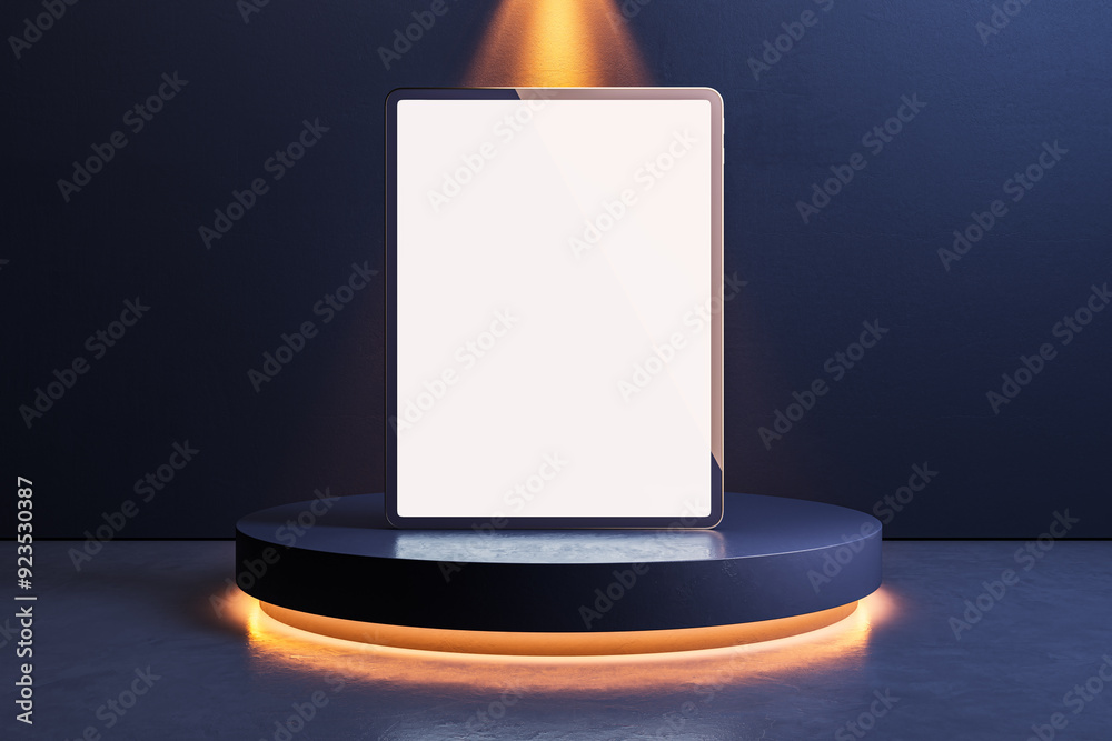 Poster empty white tablet screen placed on illuminated round podium on dark concrete wall background. mock 