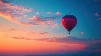 Fototapeta premium Silhouette of a single hot air balloon floating against a vibrant sunset sky. The smooth gradient of the sky changes from deep blue to warm orange and pink, making the balloon stand out clearly. The
