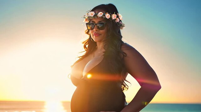 Overweight woman in swimsuit and flower wreath against sunset. Concept: confidence and body positivity