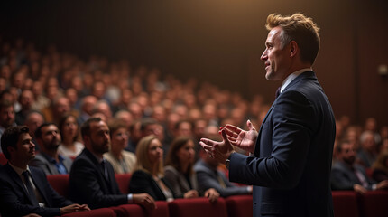 Charismatic Speaker Engaging Large Audience: Dynamic Presenter Captivating Crowd at Professional Conference
