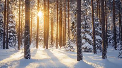 Fototapeta premium Snow-covered pine trees in a tranquil winter forest, with sunlight filtering through the branches.