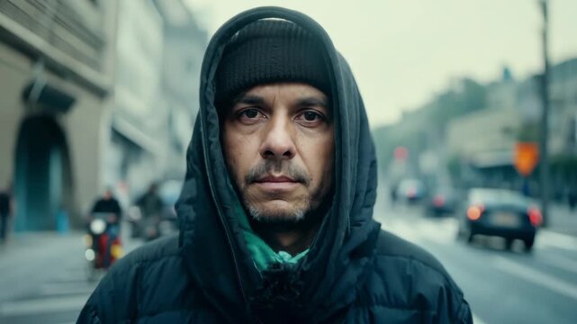 Portrait of homeless man in hood. City street background. Dirty smelly stinky person without fixed abode. Poor hungry guy wanders in search of food. Unlucky fate. Lost life on street. Abandoned people
