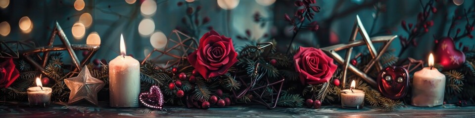 Captivating witch's altar decorated with a pentagram, roses, and hearts to attract a romantic partner on Valentine's Day.