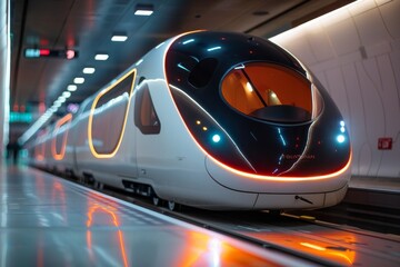 Fototapeta premium Modern High-Speed Train Arriving at Underground Station During Evening Commute in Urban City