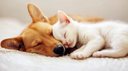 Obraz premium Cozy Companions: Dog and Cat Cuddling Together