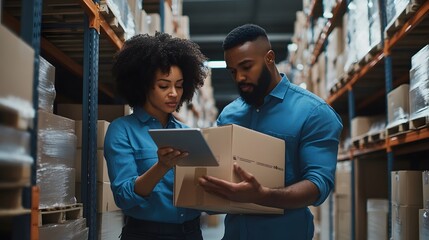 A man and woman in blue shirts with glasses stand next to each other near shelves holding cardboard boxes, looking at an iPad held by the female of them as they work together on something