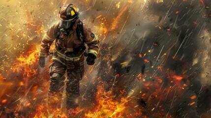 A firefighter bravely walks through flames, showcasing courage and resilience in danger.