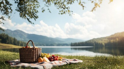 picnic basket by lake with fruit on blanket