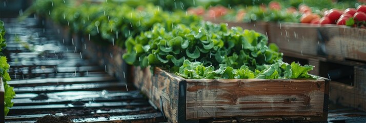 Harvested salad vegetables from an organic farm in rainy weather, wooden boxes brimming with fresh produce, showcasing natural growth in a hydroponic greenhouse garden, emphasizing ecological and