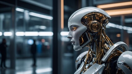 Fototapeta premium Avant-Garde Fashion Photograph of Elegant Silicon Sentinel with Sleek Metallic Surface