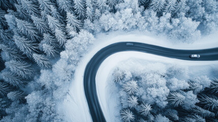 Snow-covered winding road cutting through a dense forest, with cars leaving trails in the fresh snow.