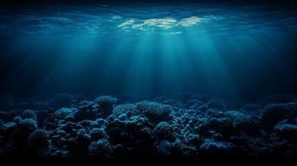 Naklejka premium Underwater Ocean Scene with Sun Rays and Coral Reefs