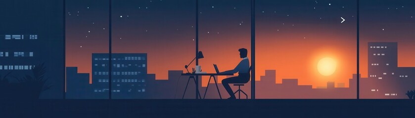 Fototapeta premium A solitary figure working late into the night at home, symbolizing the isolation and flexibility of remote work