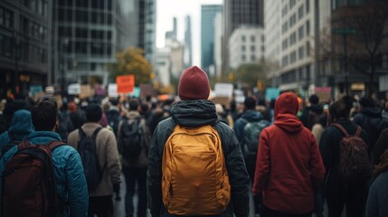 Crowd at Urban Protest with Signs in City Center