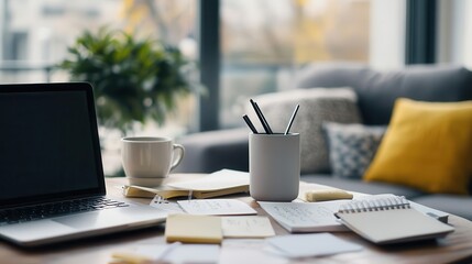 Fototapeta premium A quiet home office with scattered notes, showing the independence and isolation that come with remote work