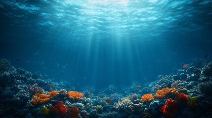 Naklejka premium Vibrant Coral Reef Underwater Scene with Sun Rays