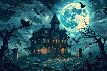 Obraz premium Vintage illustration halloween background with castle