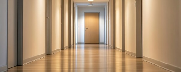 A long, empty hallway leading to a closed door, behind which someone works remotely, representing isolation