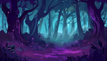 Fototapeta premium Forbidden forest on Halloween night. Enchanted moonlight village mystic forest haven. Ethereal graveyard mystic forest glow. Cartoon fantasy game background.