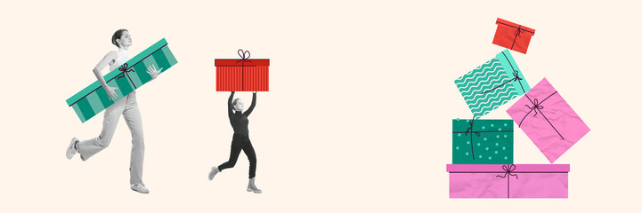 Two women carrying present boxes, forming big pyramid of presents. Preparation for the holiday. Contemporary art collage. Concept of Christmas and New Year, winter holidays. Postcard template, ad