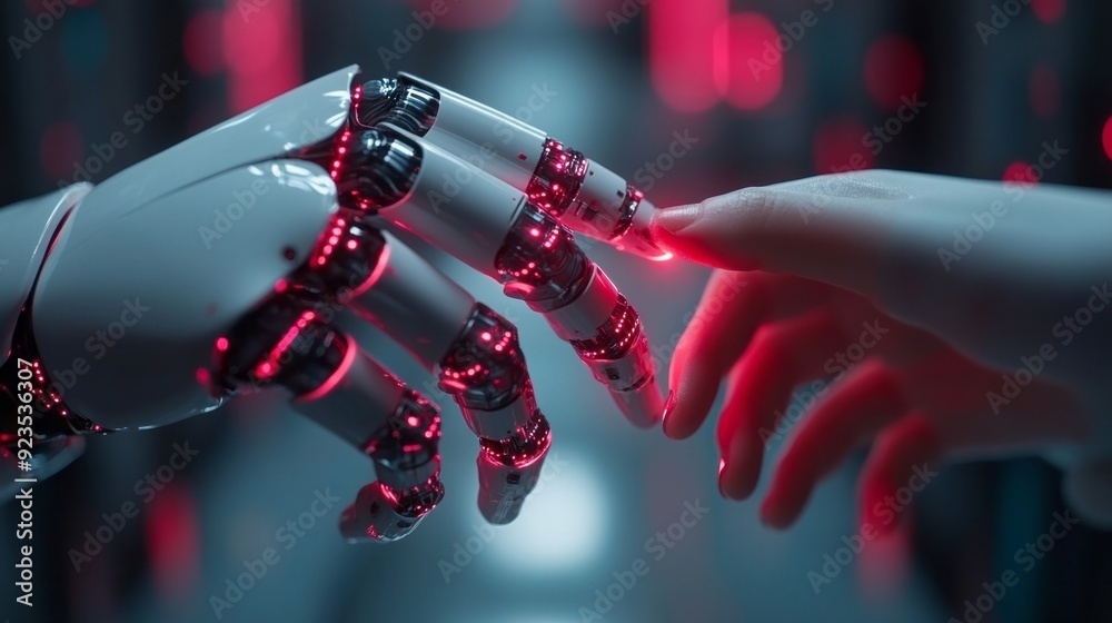 Poster a robotic hand reaches out and gently touches a human hand, illuminated by vibrant neon lights in a 
