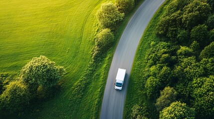 Aerial View of a White Truck on a Rural Road