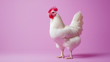 Fototapeta premium A white chicken stands on a pink background