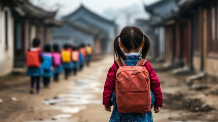 Obraz premium Child walking to school with backpack in rural village