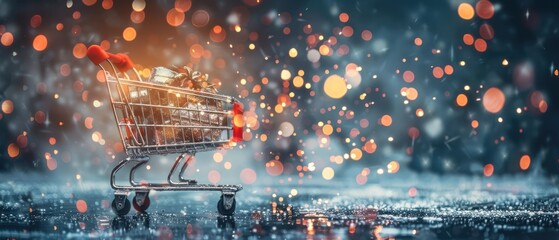 Shopping cart with red handles loaded with wrapped gifts, set against a sparkling, festive background. Warm bokeh lights create a joyful holiday atmosphere