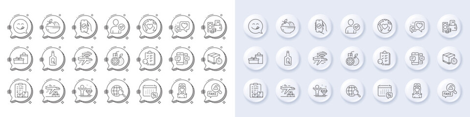 Calendar tax, Donation and Heart line icons. White pin 3d buttons, chat bubbles icons. Pack of Fake news, Winner cup, Inspect icon. Smartphone sms, Alcohol free, Web search pictogram. Vector