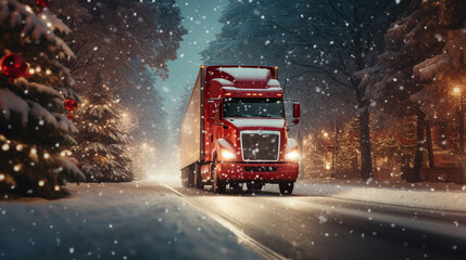 red truck in the snow at christmas 