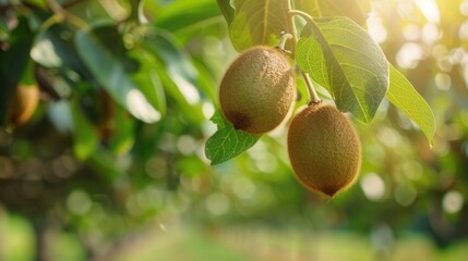 kiwi fruit growing on plant in plantation
