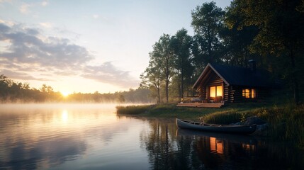 Fototapeta premium Cozy Cabin by a Misty Lake at Sunrise