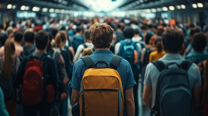 Crowded Subway Station with Single Person Standing Out